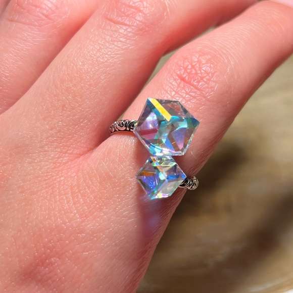 *SOLD* Iridescent Glass Crystal Cubes 925 Sterling Silver Bypass Ring - Picture 12 of 17